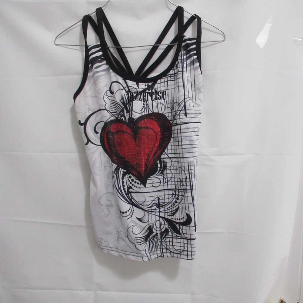 Jazzercise Tank Top Womens Small White Black Red Good Heart Strappy Back Gym